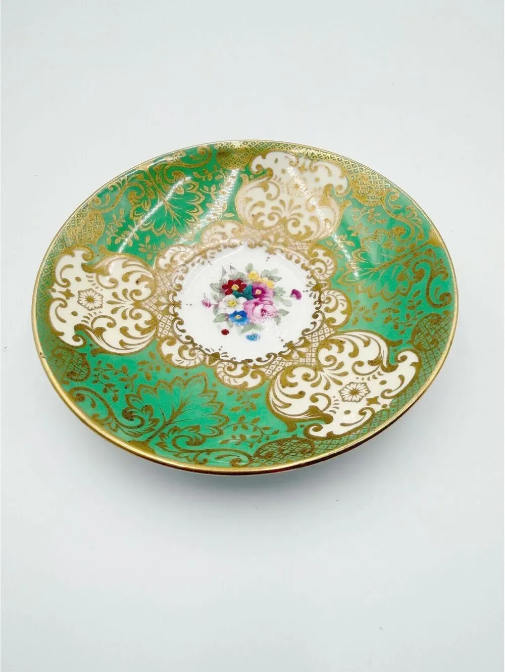 Crown Staffordshire Vintage Teacup Saucer Green Gold Floral Bone China A14099